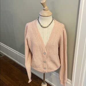 SALE Pretty Pink Cardigan by WHBM V front with silver Buttons & necklace